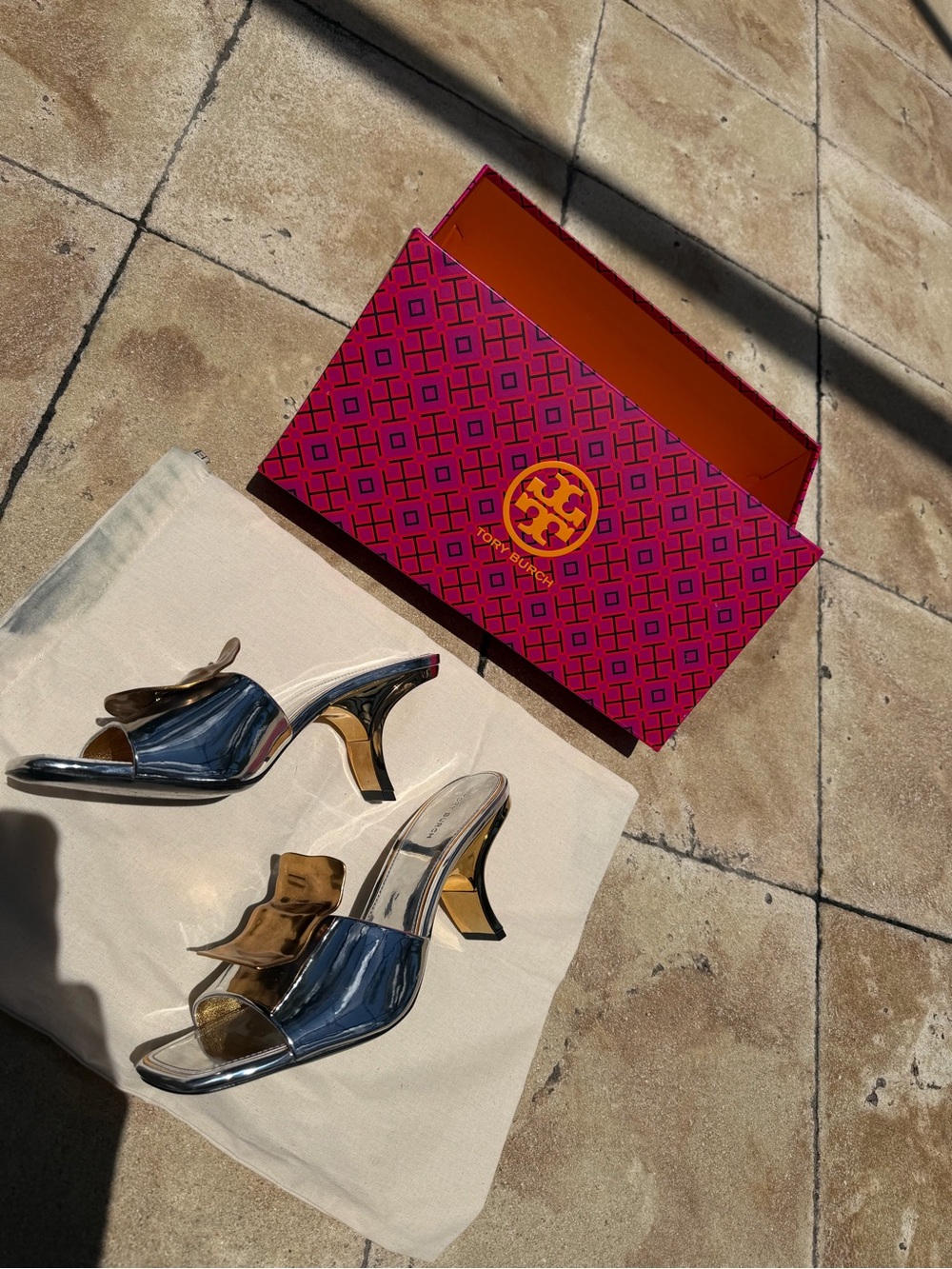 Tory Burch Silver Mirror Slide Mules with Gold Accents - Picture 4 of 4